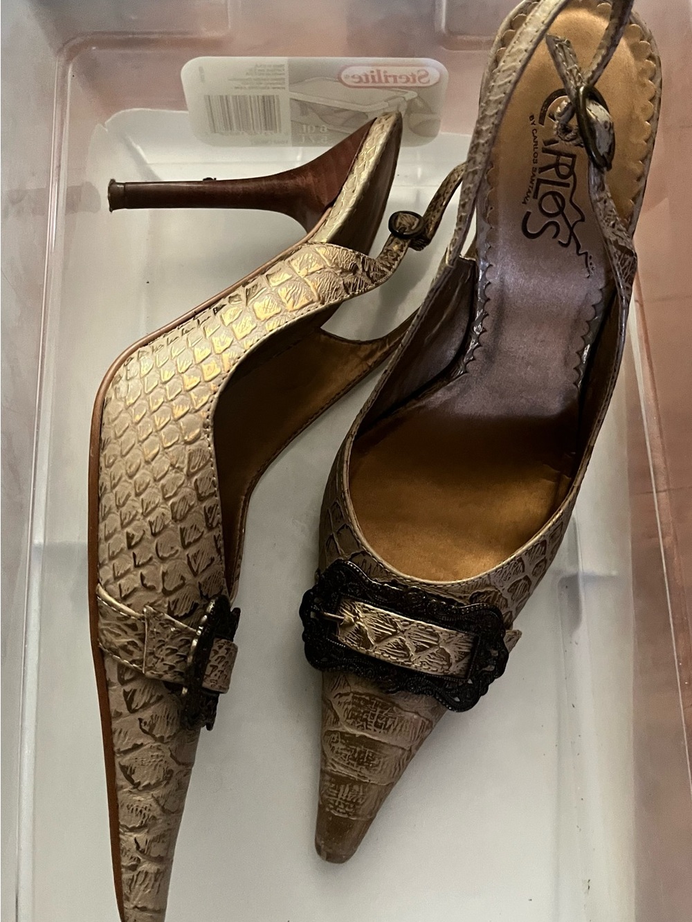 Gold Textured Pointed-Toe Slingback Heels